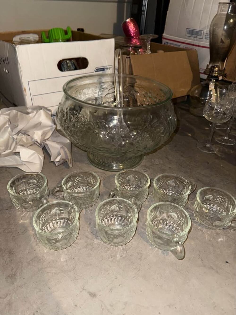 Vintage Glass Punch Bowl Set with Ladle and 8 Cups